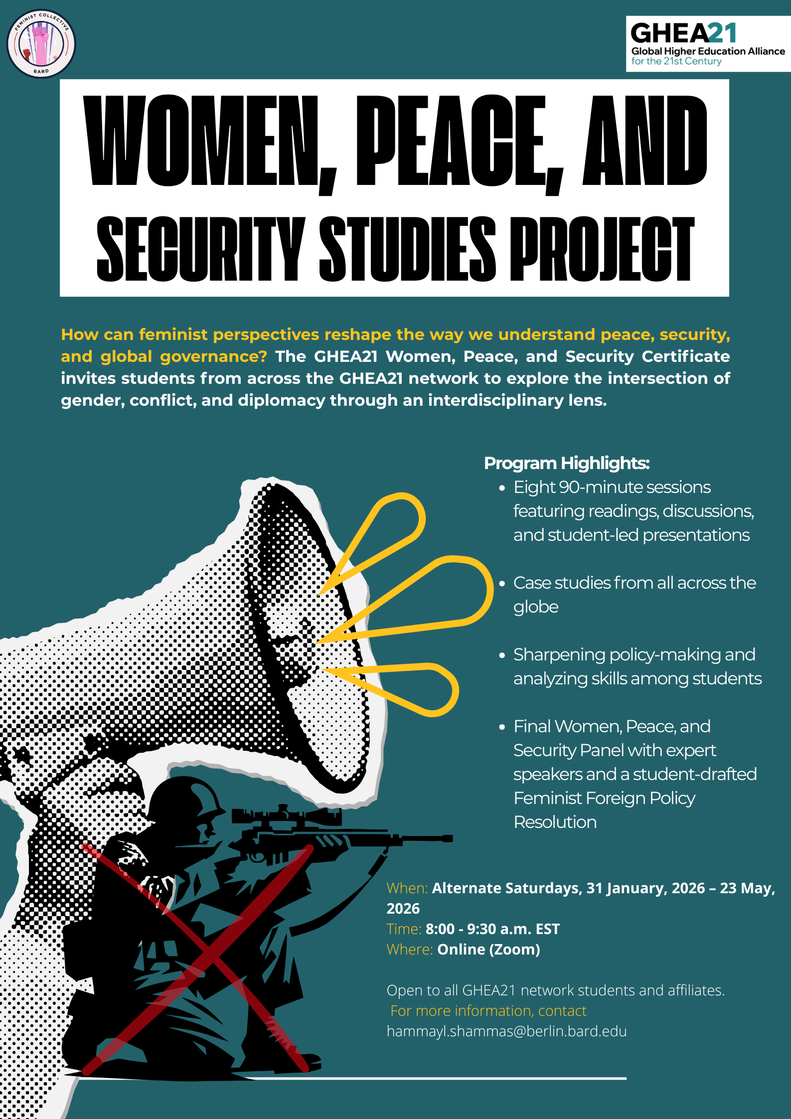 Poster for the Women, Security and Peace program outlining main objectives and meeting times